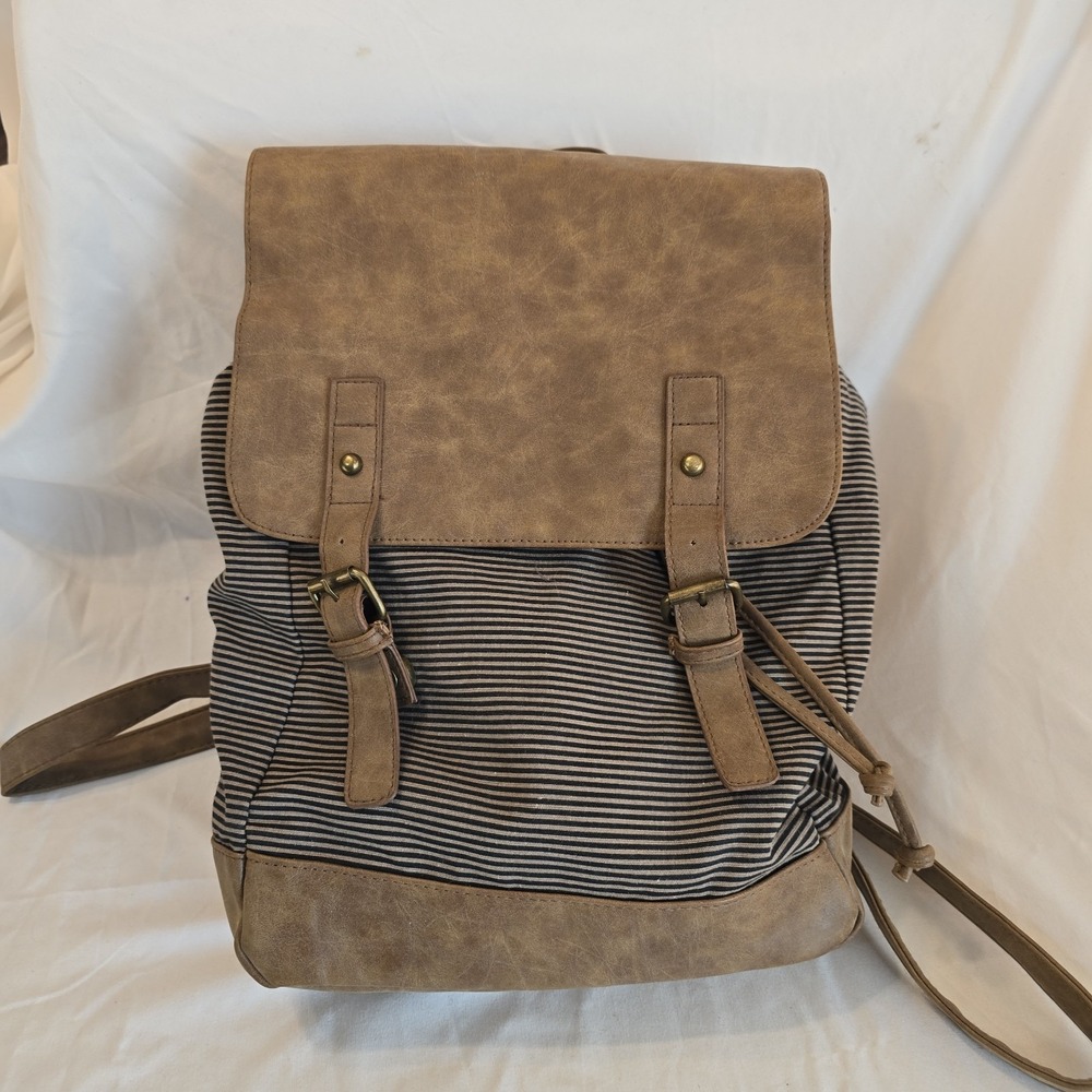 American Eagle Striped Canvas & Leather Messenger Backpack Y2K Earthy Vibes